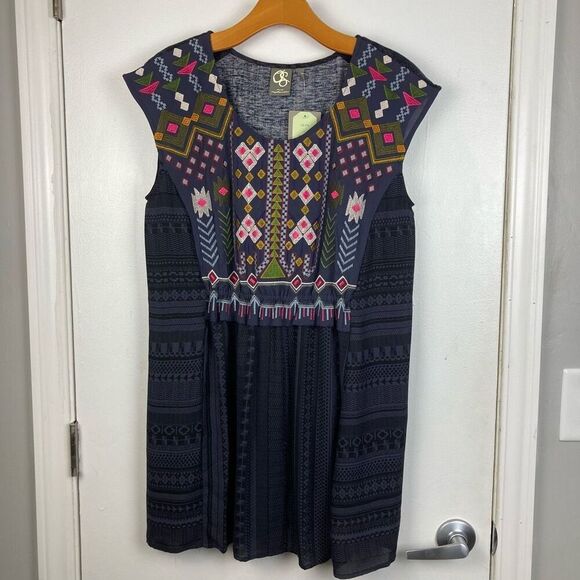Anthropologie One September Barranco Embroidered Tunic Navy Boho Geo Cottage - L - Picture 2 of 9